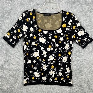 Ann Taylor Black Blouse with White and Yellow Floral Pattern
